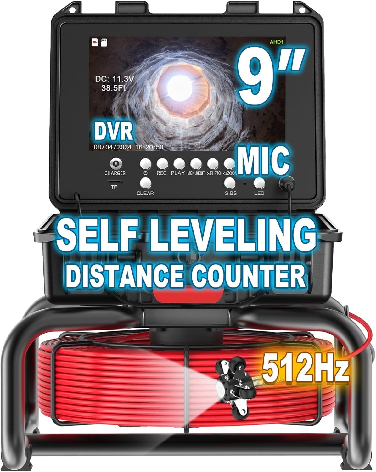 Anysun Sewer Inspection Camera - 165ft, 9" 1080P IPS Monitor, Distance Counter, 512Hz Sonde, IP68 Industrial Borescope Snake, 16GB Card