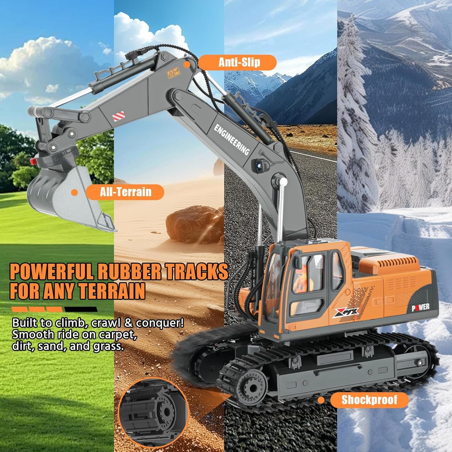 RC Excavator Toy for Boys 3-12, 3-IN-1 Bucket/Claw/Drill, 2.4GHz 14 Channel Construction Truck with 680°Rotating, 2400mAh Battery/LED Lights/Realistic Sounds, Durable Engineering Vehicle Gift for Boys