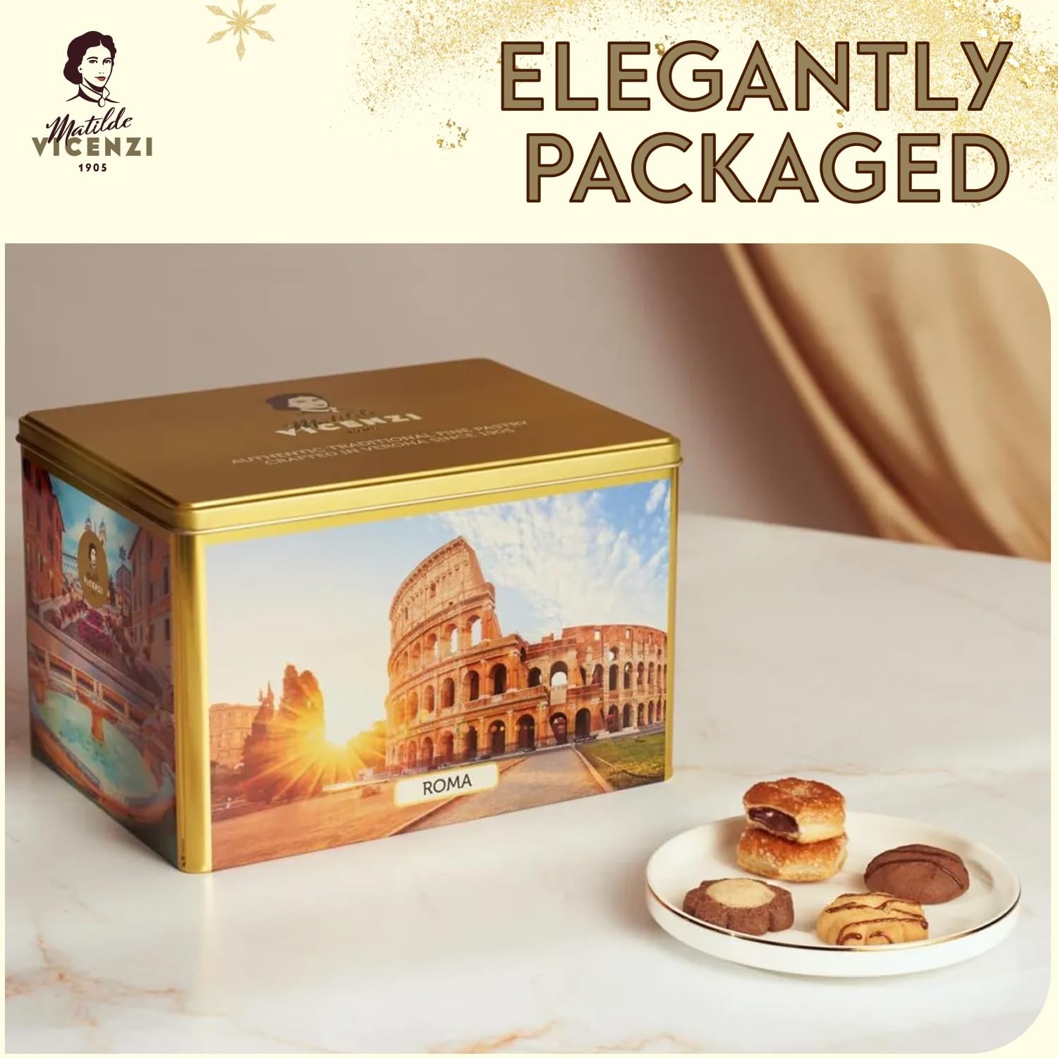 Matilde Vicenzi Roma Cookie Gift Tin - Italian Pastries & Cookies in Individually Wrapped Trays - Gourmet Gifts For Thanksgiving, Holidays, Corporate - Assorted Cookies in Italian Design Tin 32.5oz (9