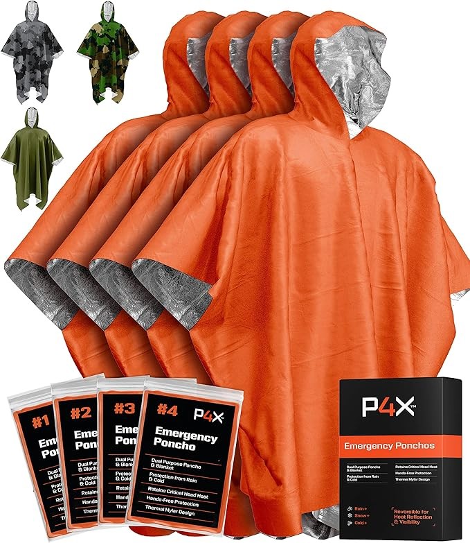 PREPARED4X Emergency Poncho and Mylar Blanket Liner - Waterproof, Wind-Resistant Outdoor Rain Poncho for Camping, Emergencies