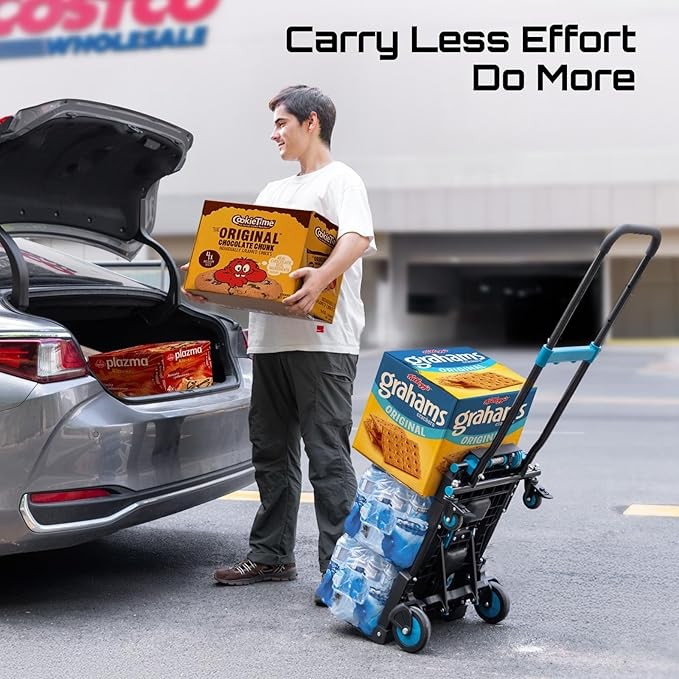 SEESII 2-in-1 Folding Hand Truck Dolly, 330 lbs Max Capacity TPR Wheels Heavy-Duty Cart, 3-Gear Retractable Handle for Utility Move Shopping Delivery