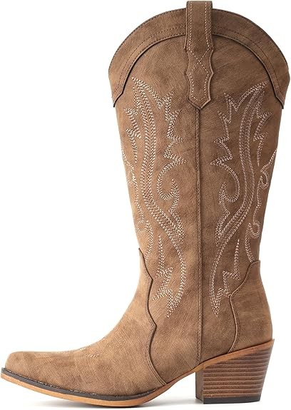 IUV Cowboy Boots For Women Western Cowgirl Boots with Chunky Heel Mid Calf Snip Toe Ideal for low insteps