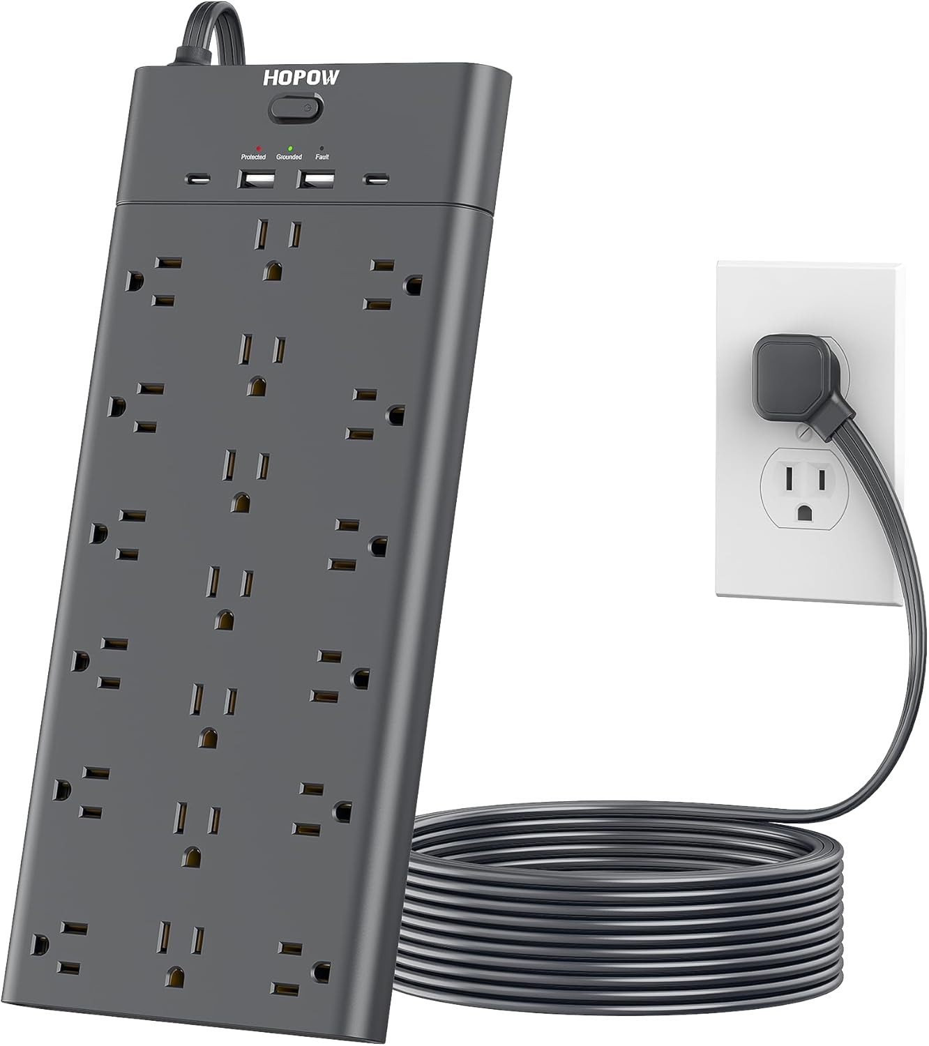 Surge Protector Power Strip with 19 Outlets and 4 USB Ports, HOPOW 10 Ft Flat Plug Heavy Duty Extension Cord, 1875W, 2100J Surge Protection, Wall Mount for Home, Office, Gaming Room, Dorm, Black