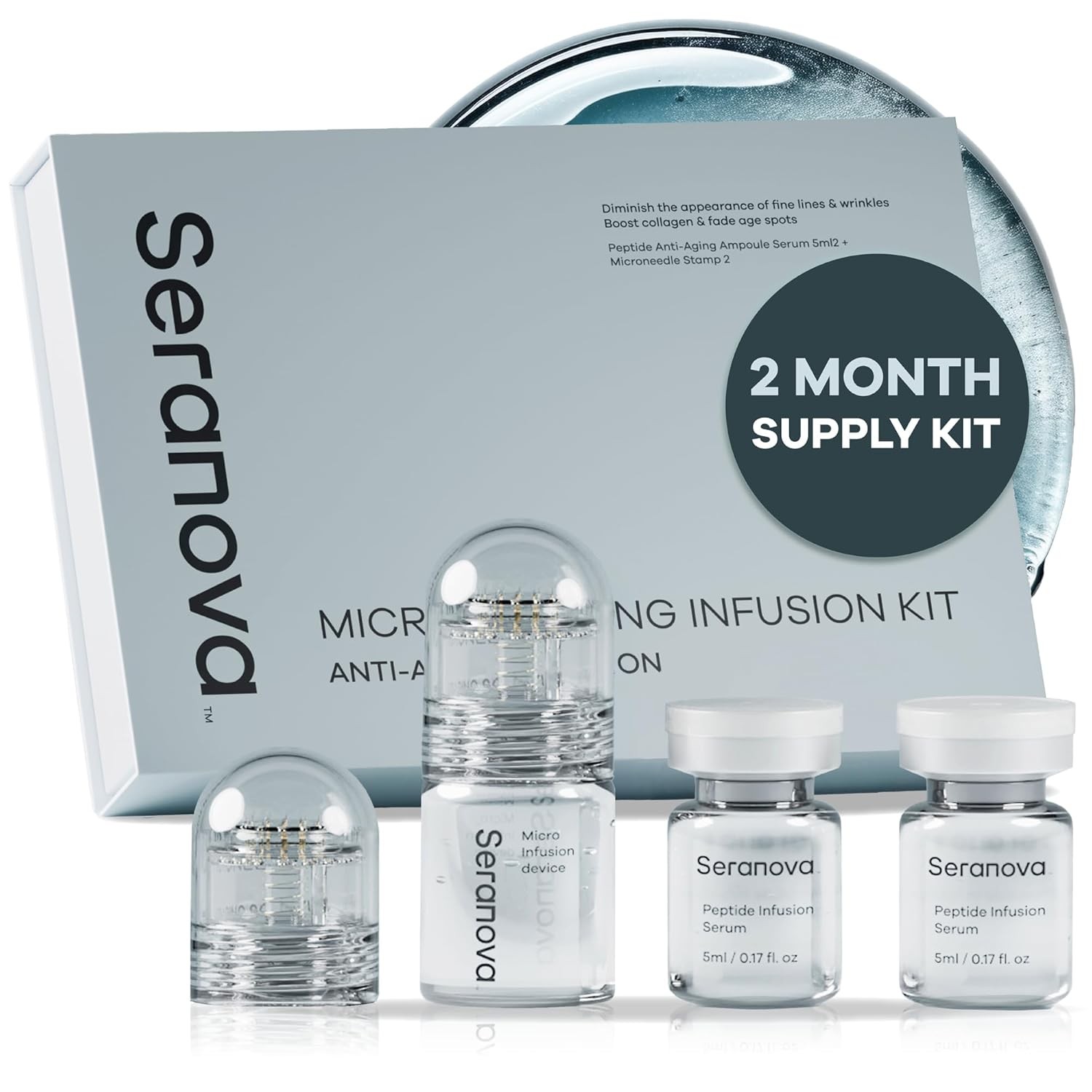 Seranova Micro Infusion System for Face & Neck 0.05mm Stamp with Hyaluronic Acid & Collagen Peptide Serum for Firmer Smoother-Looking Skin, Easy 5-Minute At-Home Skin Care Application - 2 Month Supply