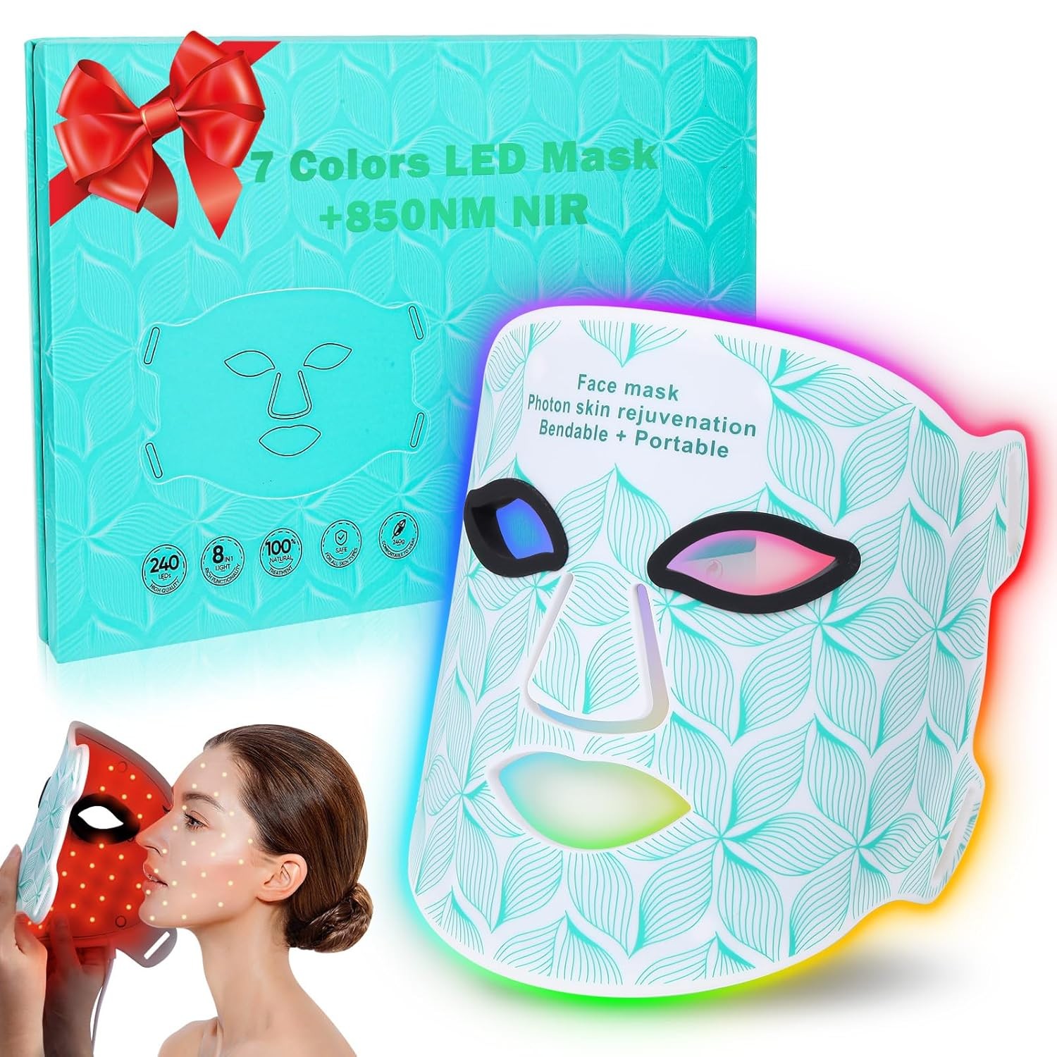 Red Light Therapy for Face, 7＋1 Colors LED Face Mask Light Therapy with 850NM Near-infrared, Portable Rechargeable Red Light Therapy Mask Skin Care Device at Home and Travel for Anti-Aging