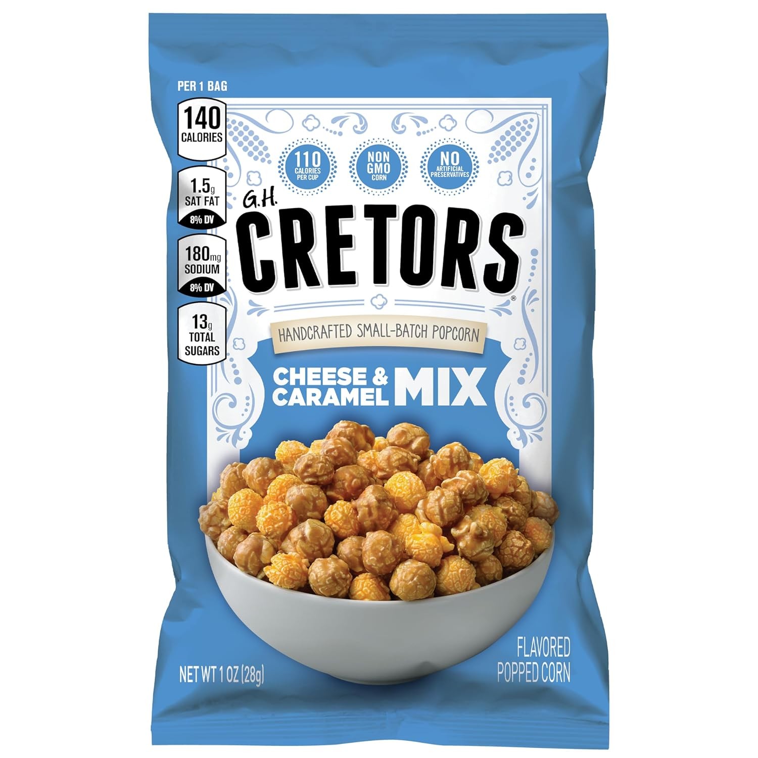 G.H. Cretors Cheese & Caramel Popcorn Mix (1 oz Bags – 40 Pack) Handcrafted Small Batch Popcorn, Gluten Free, Kosher, No Artificial Preservatives, Convenient Individual Bags